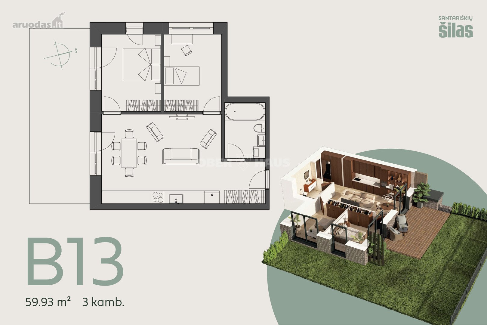 Parduodamas 3 kambarių, 59,93 m² butas