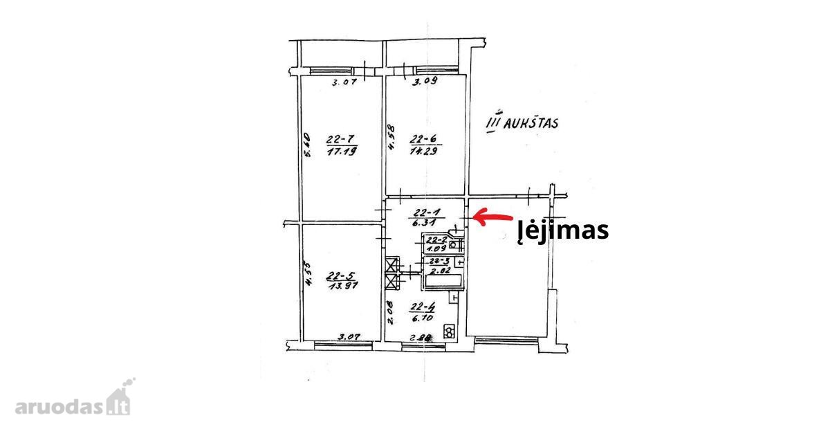 Parduodamas erdvus 61,48 m² 3 kambarių butas