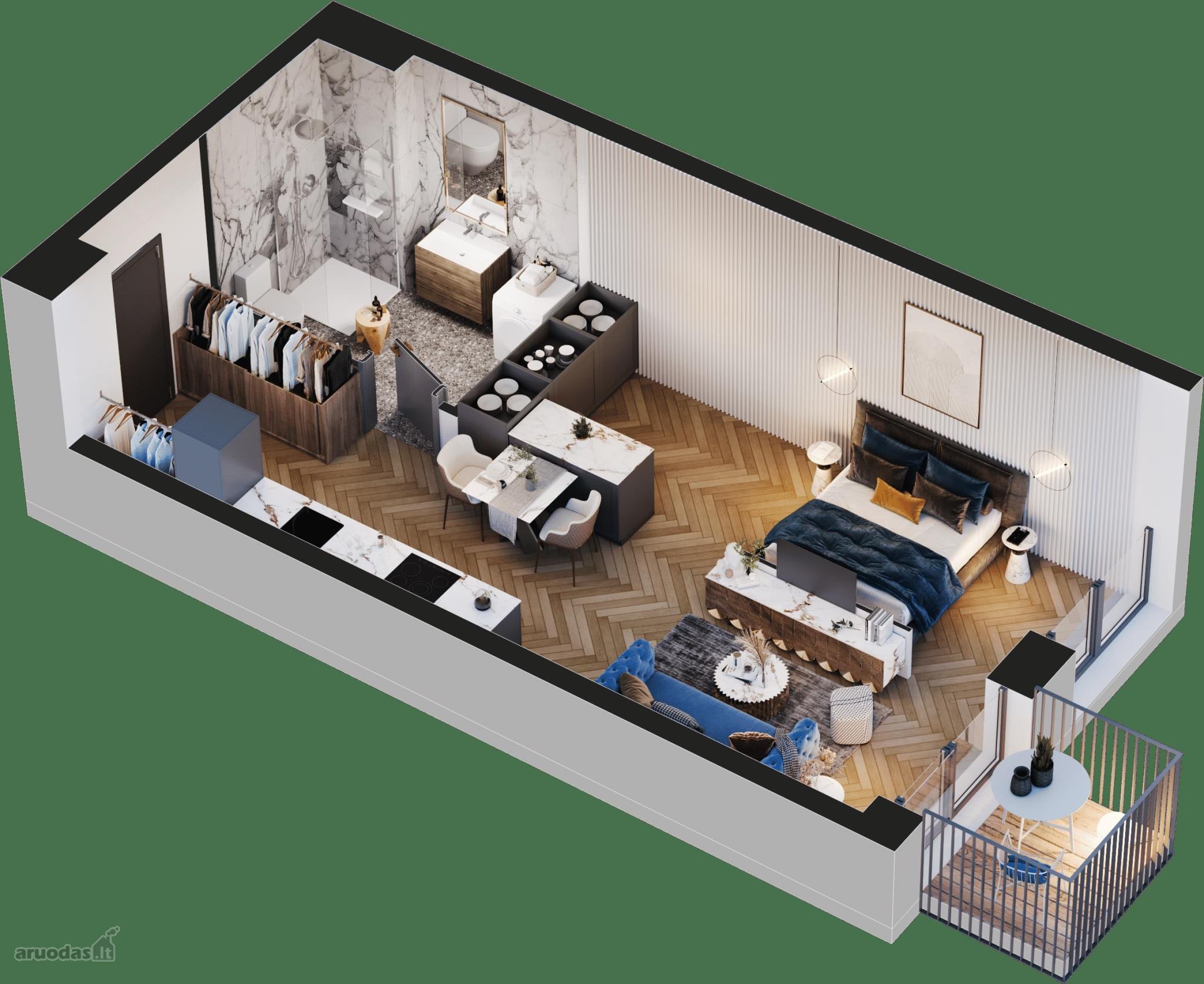 44,18 M² Apartamentai Su Balkonu Projekte