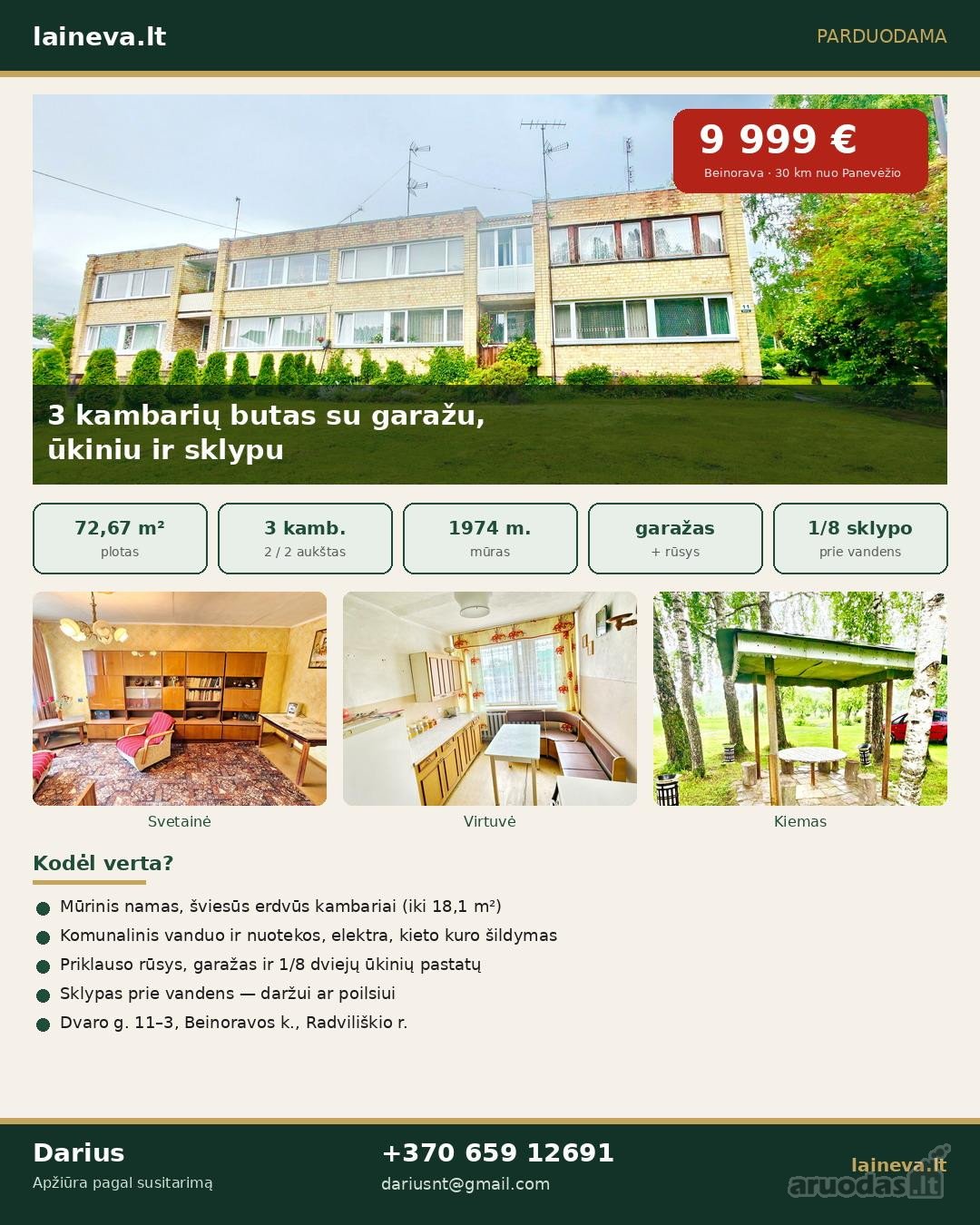 Parduodamas 3 kambariu butas Beinorava, Dvaro