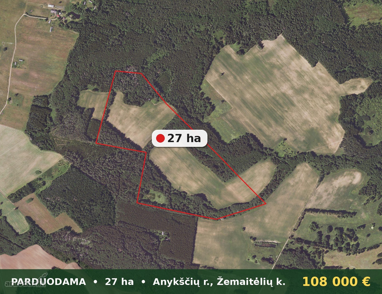  Parduodamas 27 ha žemės ūkio ir miško
