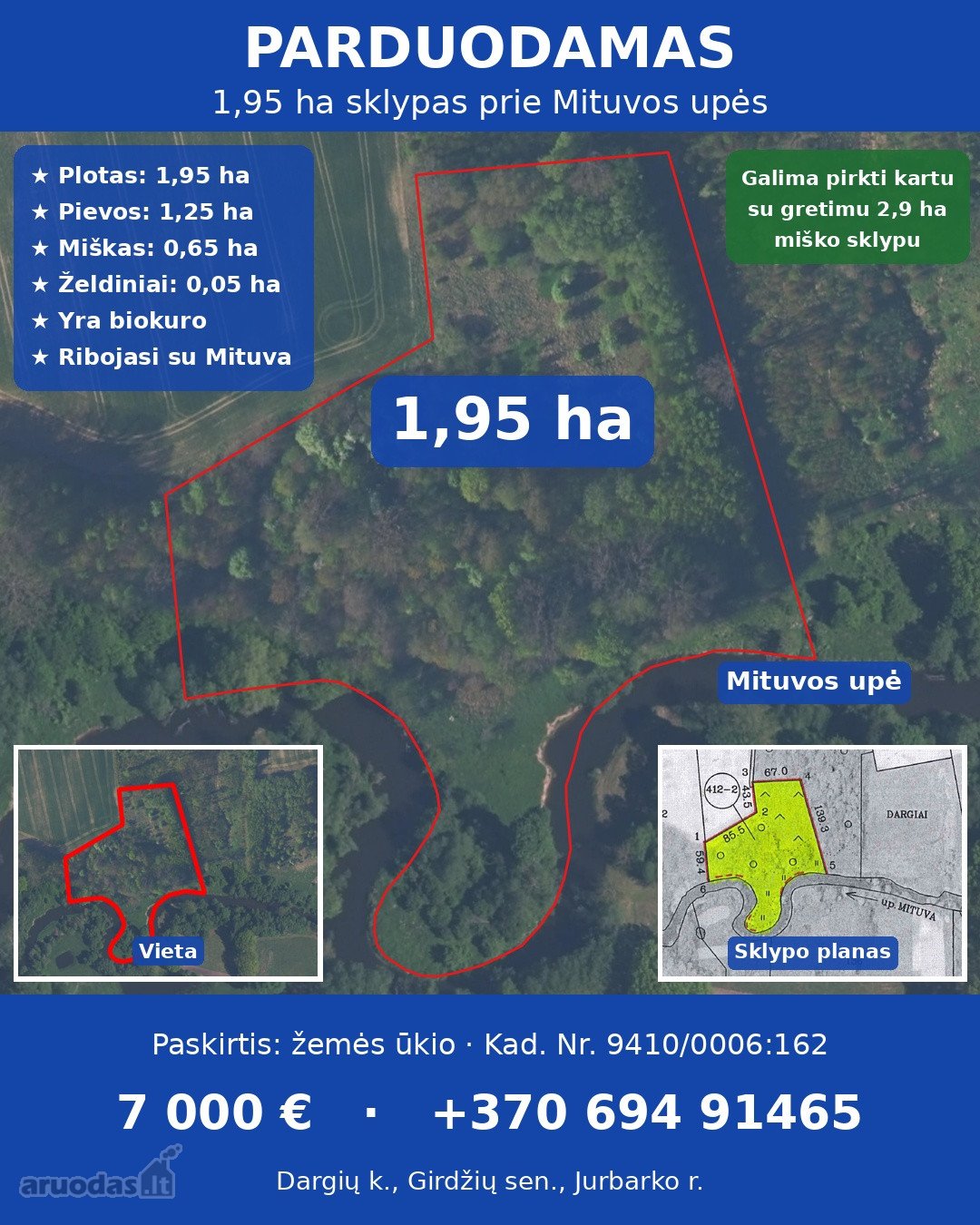  Parduodamas 1,95 ha sklypas prie Mituvos upės 