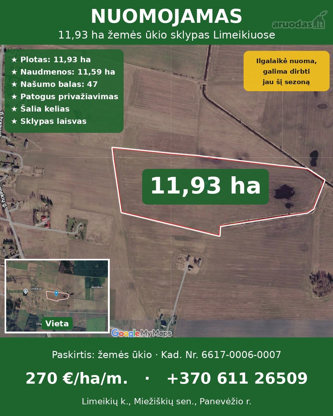 Nuomojamas  11,93 ha žemės ūkio paskirties
