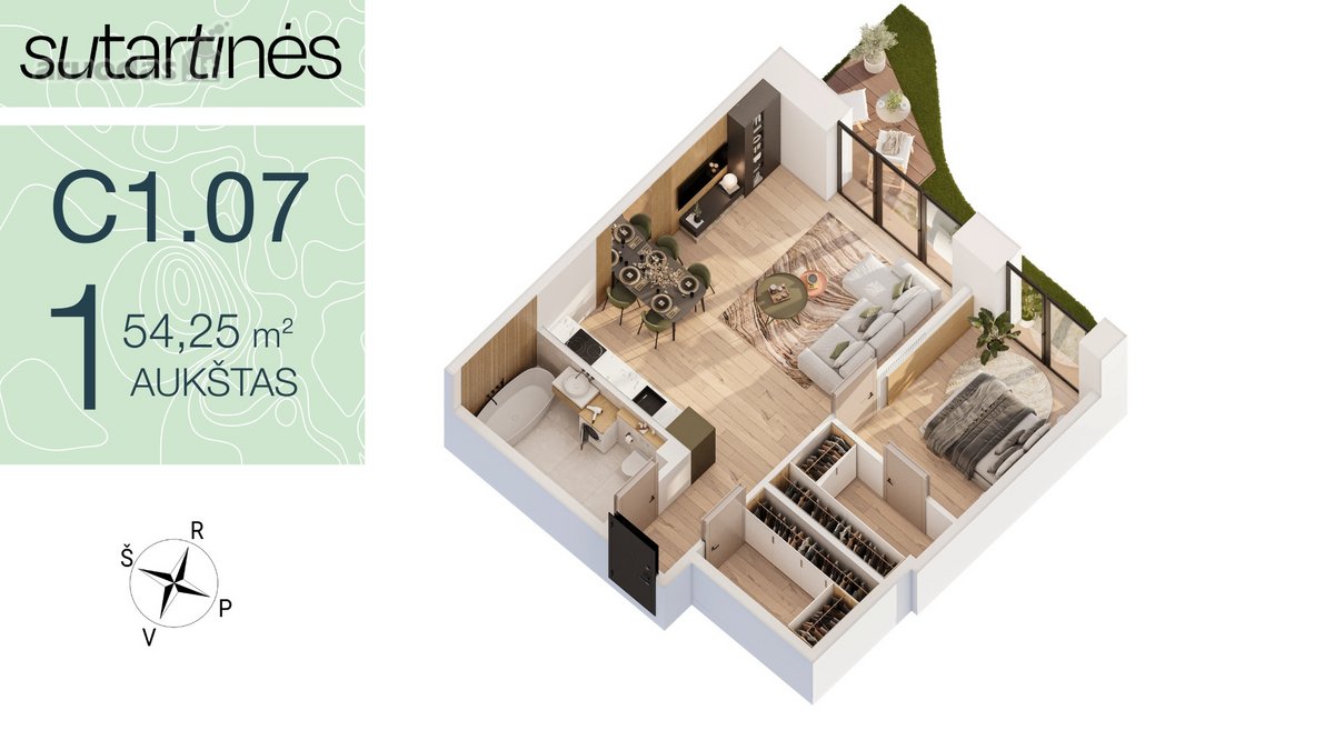 Parduodamas erdvus 2 kambarių butas su terasa - nuotraukos Nr. 13