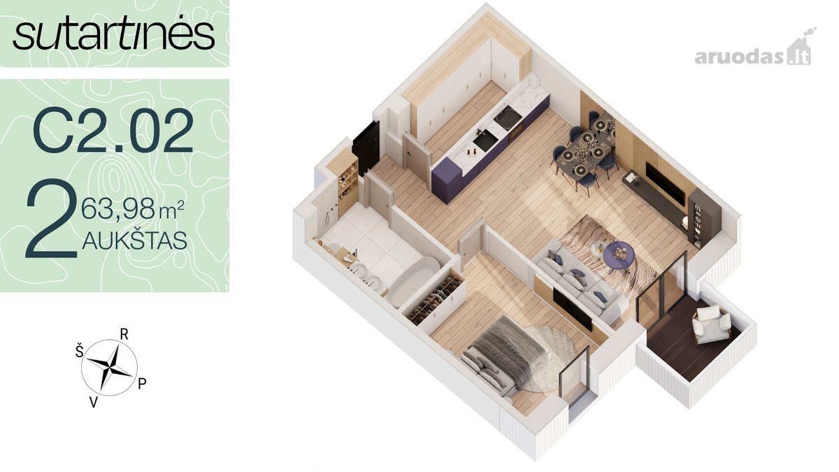Parduodamas erdvus 2 kambarių butas naujai - nuotraukos Nr. 12