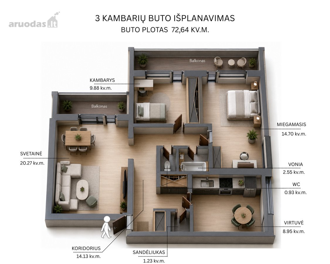 Parduodamas šviesus ir erdvus 3 kambarių - nuotraukos Nr. 41