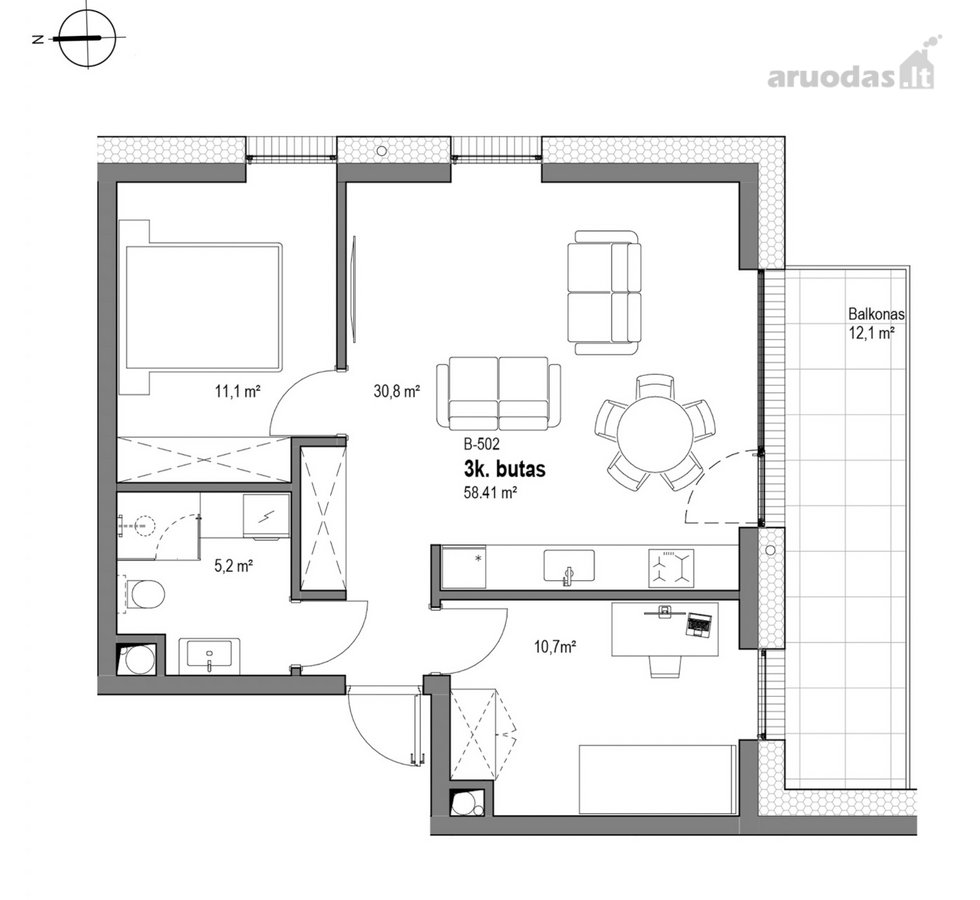 Parduodamas 3 Kambarių Butas Su 12,1 M² - nuotraukos Nr. 8