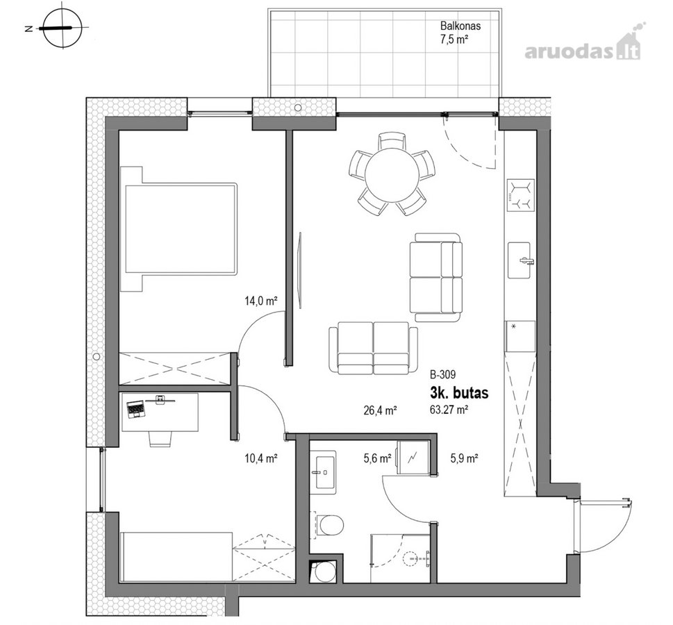 Parduodamas Erdvus 3 Kambarių Butas A++ - nuotraukos Nr. 8