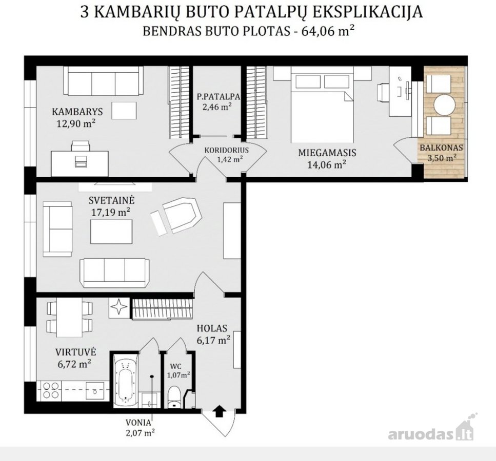Parduodamas trijų kambarių butas itin - nuotraukos Nr. 21