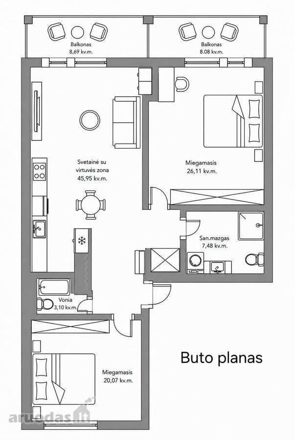Erdvus 3 Kambarių Butas Naujamiestyje  - nuotraukos Nr. 35