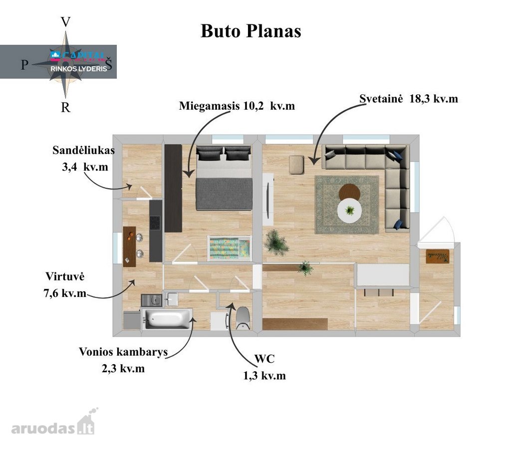 Erdvus 55,29 M² 2 Kambarių Butas Patogioje - nuotraukos Nr. 18