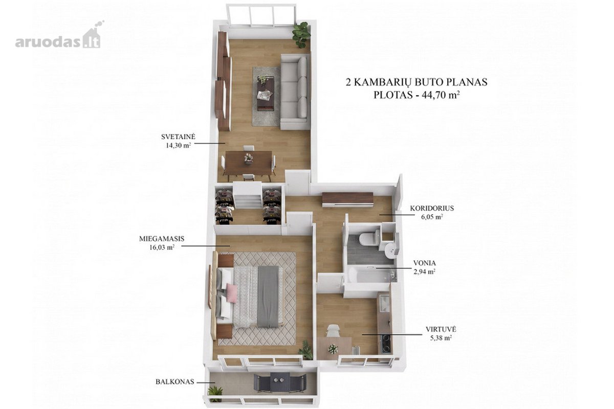 Šviesus, saulėtas ir šiltas 2 kambarių butas - nuotraukos Nr. 12