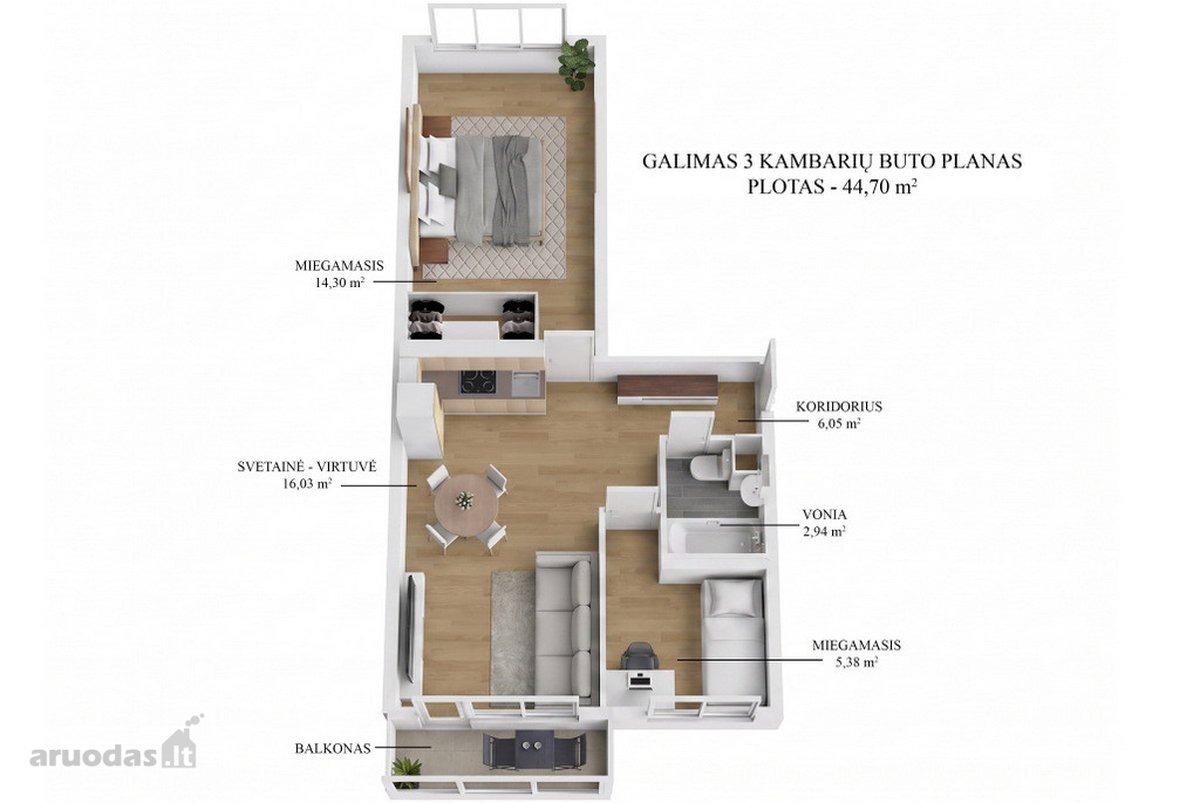 Šviesus, saulėtas ir šiltas 2 kambarių butas - nuotraukos Nr. 14