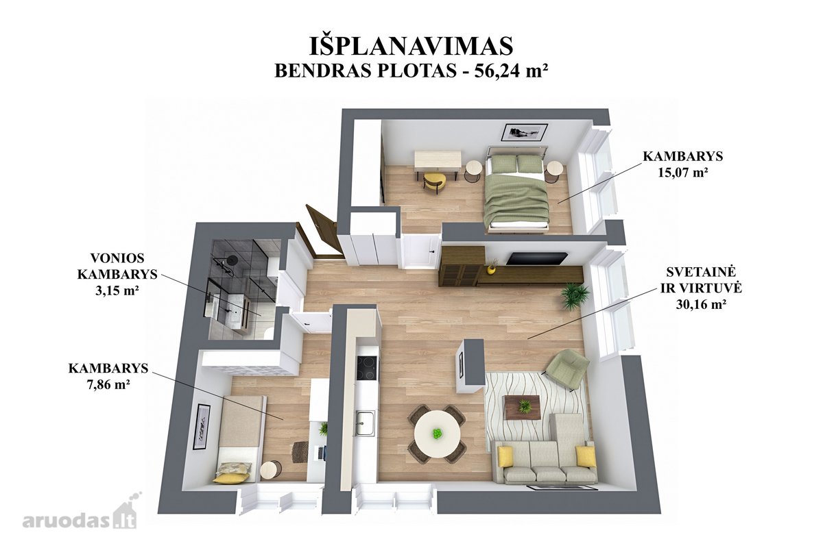 Šis pilnai ir kokybiškai atnaujintas 56,24 m² - nuotraukos Nr. 2