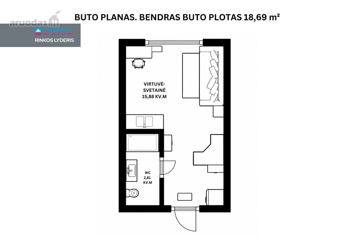 Parduodamas Jaukiai Įrengtas Studijos Tipo - nuotraukos Nr. 17