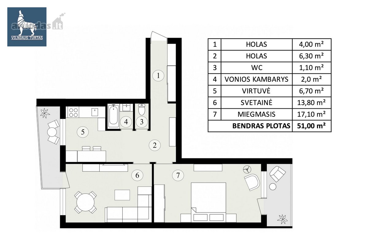 Rytinė Kava Virš Miesto  51 M²  2 Balkonai - nuotraukos Nr. 3