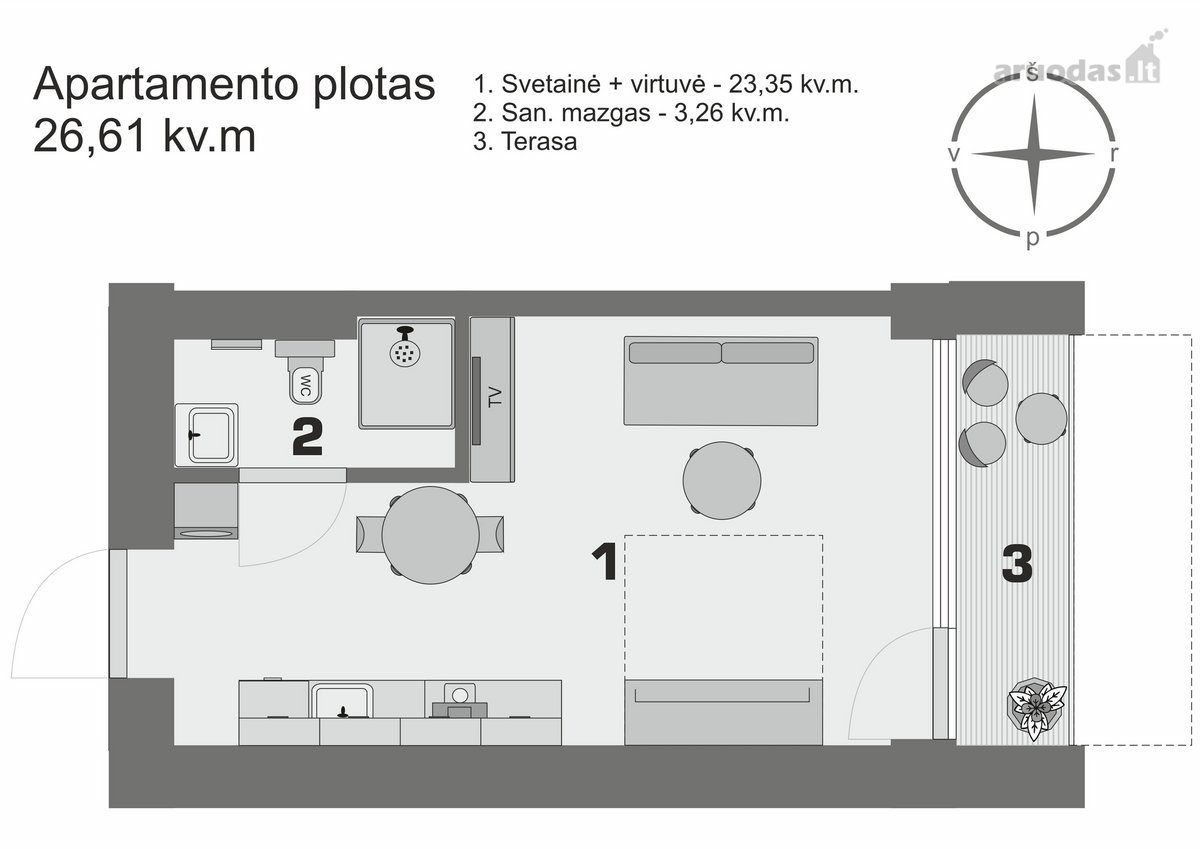 Parduodami 1 kambario 26,62 kv.m. - nuotraukos Nr. 2