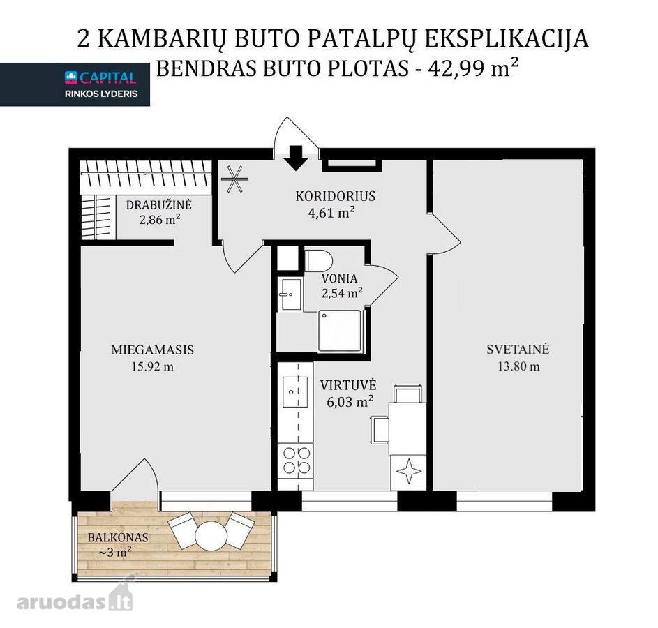 Parduodamas Pilnai Įrengtas 2 Kambarių Butas - nuotraukos Nr. 21
