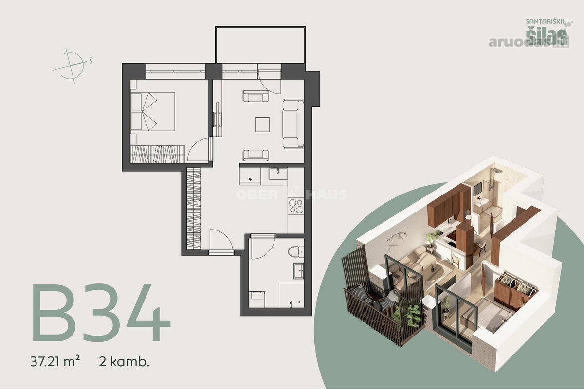 Parduodamas 2 kambarių, 37,21 m² butas - nuotraukos Nr. 6