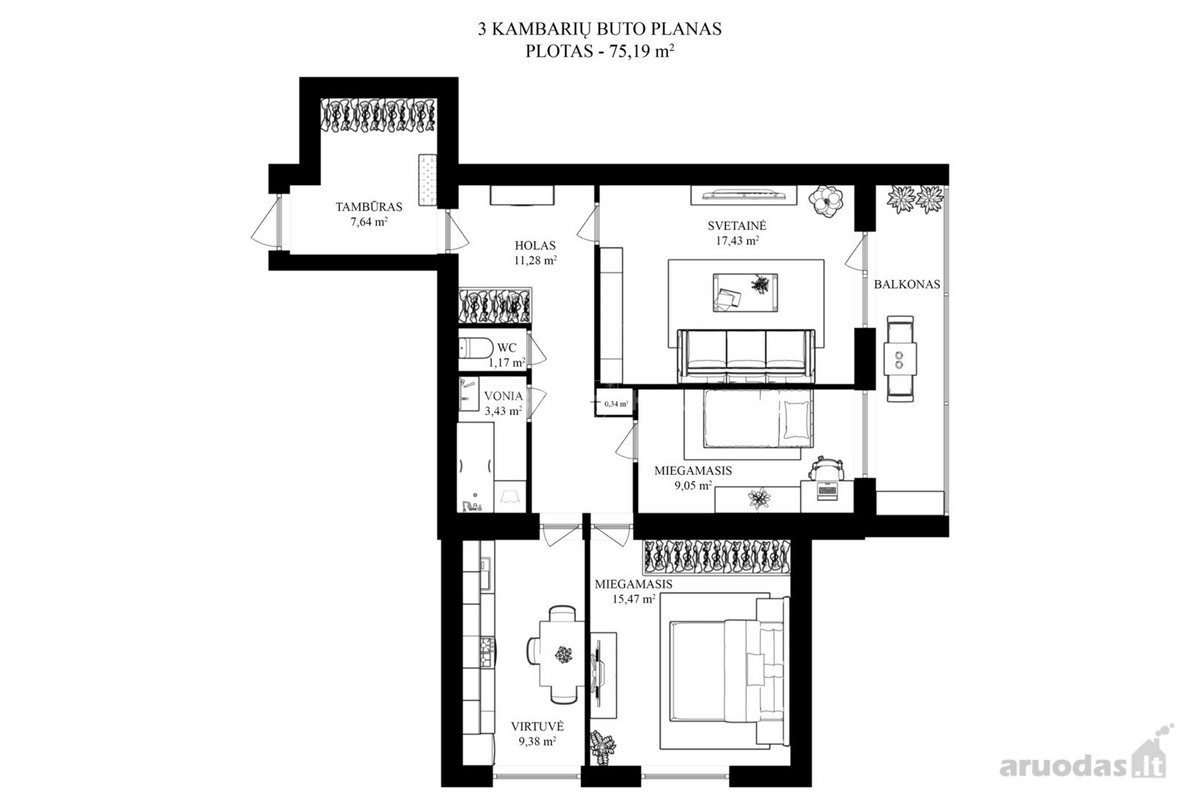Parduodamas Erdvus 3 Kambarių Butas - nuotraukos Nr. 7