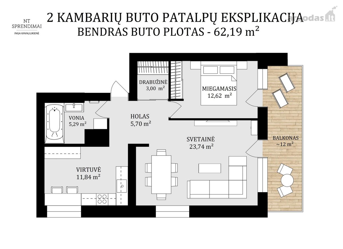 Išnuomojamas erdvus dviejų kambarių butas - nuotraukos Nr. 5