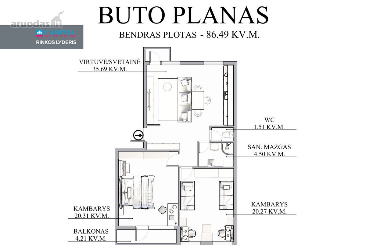 Parduodamas Erdvus 3 Kambarių Butas - nuotraukos Nr. 24