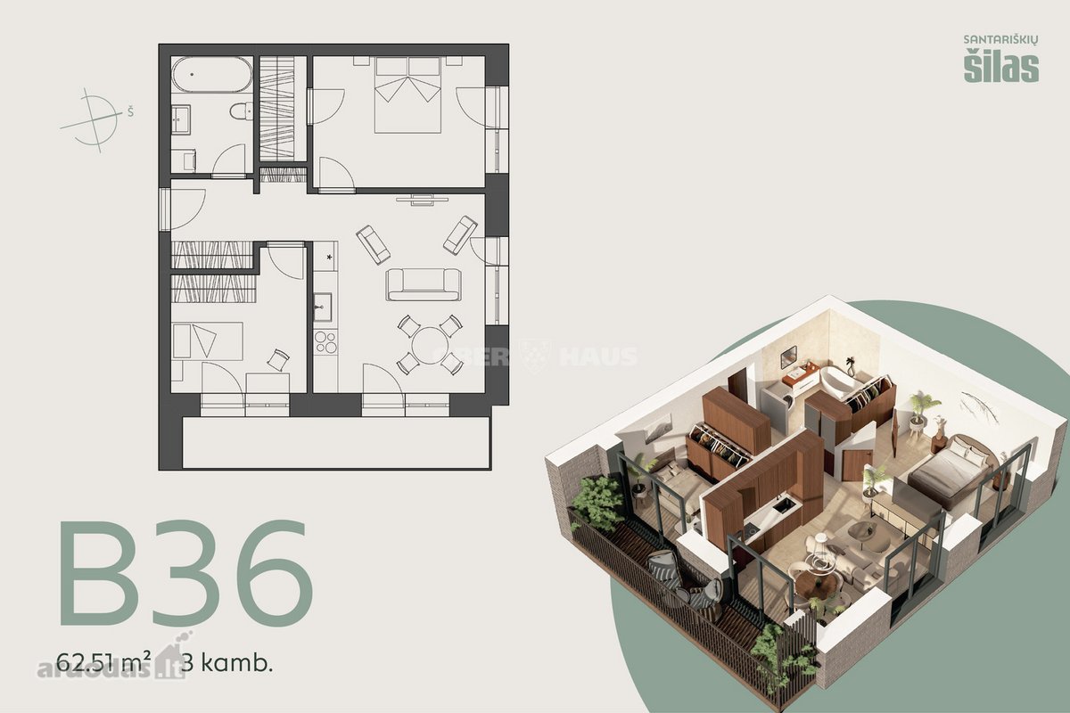 Parduodamas 3 kambarių, 62,51 m² butas - nuotraukos Nr. 2