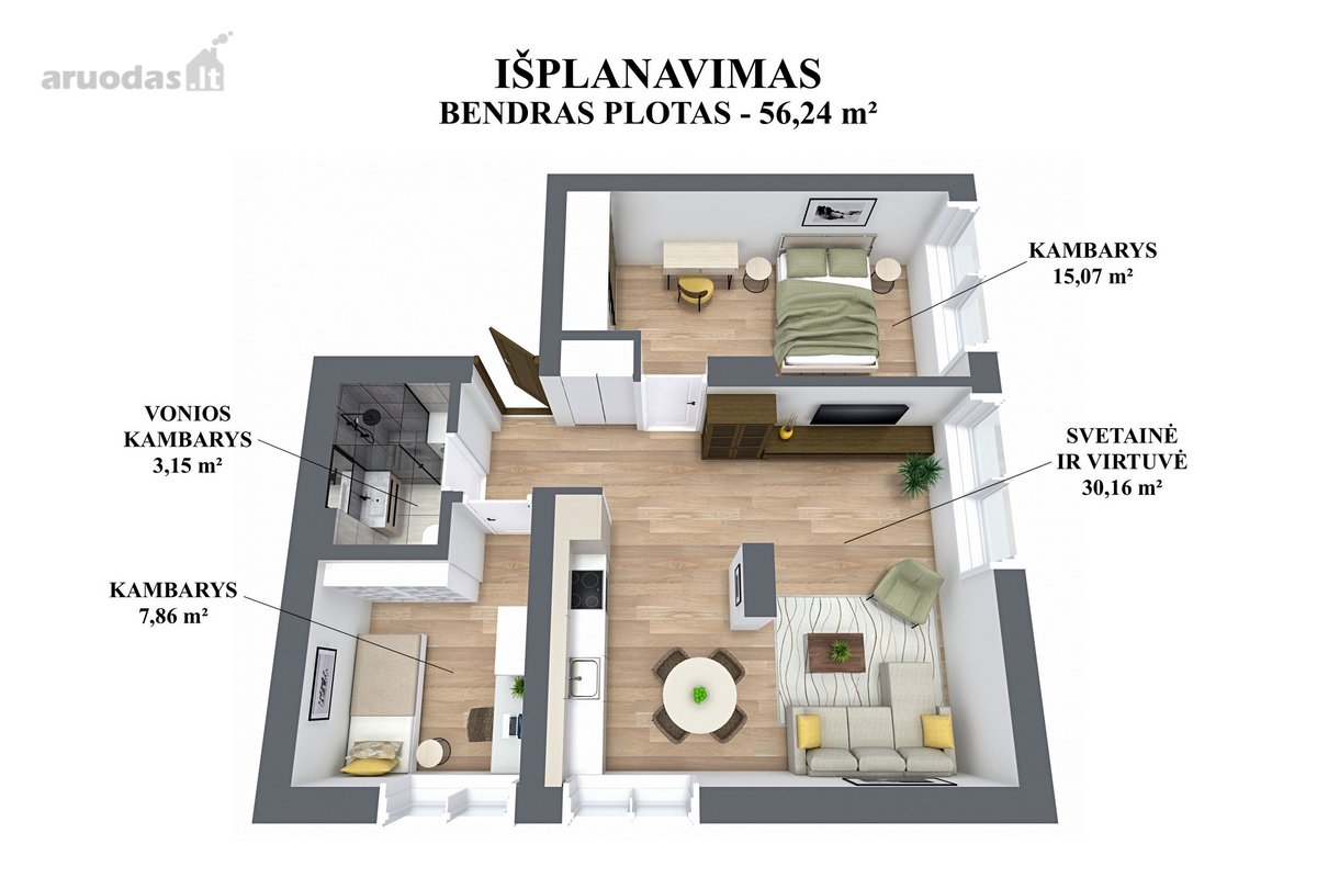 Šis pilnai ir kokybiškai atnaujintas 56,24 m² - nuotraukos Nr. 2