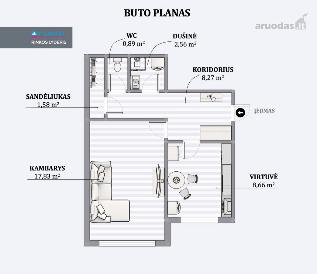 Parduodamas šviesus, vieno kambario butas - nuotraukos Nr. 11