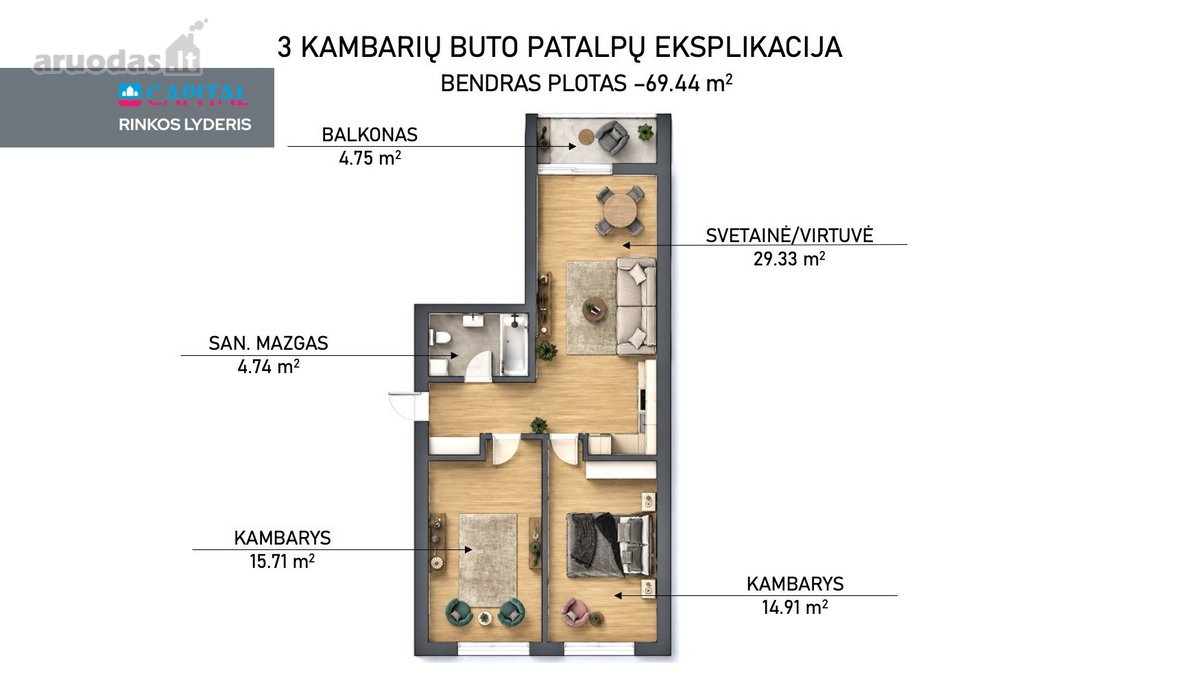 Parduodamas Erdvus 3 Kambarių Butas (69,44 Kv - nuotraukos Nr. 27