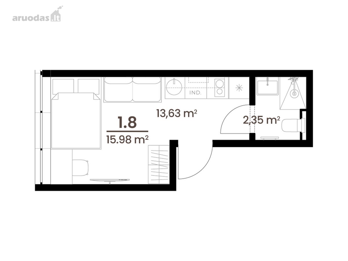 Pilnai Įrengta 15,98 Kv. M Studija Su Visais - nuotraukos Nr. 3