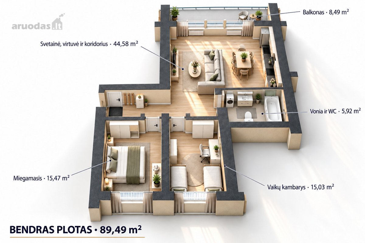 Parduodamas 89,49 m², labai erdvus 3 kambarių - nuotraukos Nr. 33