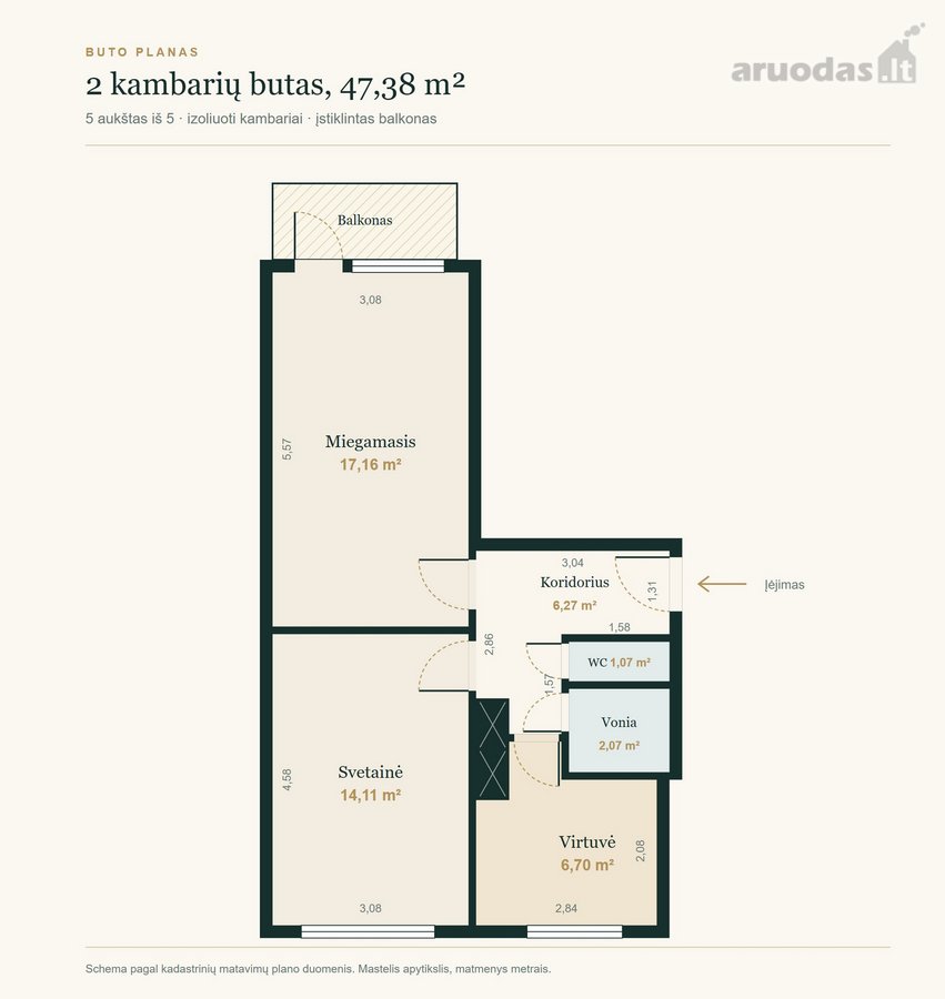 Parduodamas tvarkingas 2 kambarių (47,38 m²) - nuotraukos Nr. 22