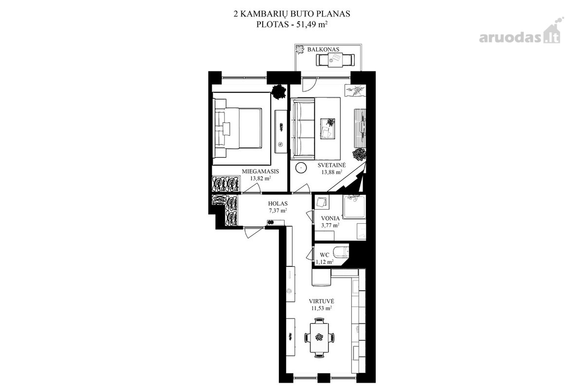 Išnuomojamas jaukus ir šviesus 2 kambarių, 51 - nuotraukos Nr. 16