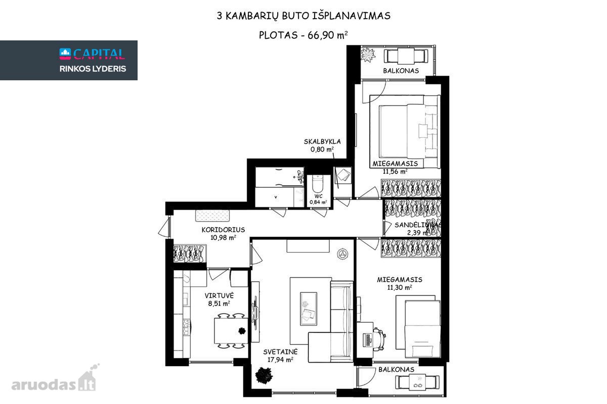 Parduodamas Jaukus, Šviesus 3 Kambarių Butas - nuotraukos Nr. 28