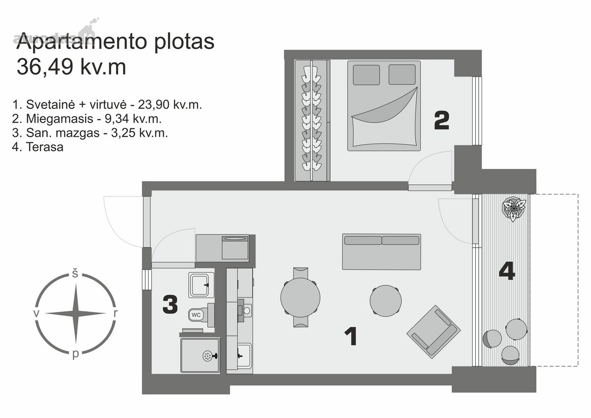 Parduodami 2 Kambarių Apartamentai Su Terasa - nuotraukos Nr. 4